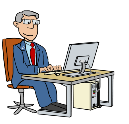 © i-Q Schacht & Kollegen Qualitätskonstruktion GmbH - FuSi-Cartoon: Kleiner i-Q-Mitarbeiter - Chef sitzt am PC