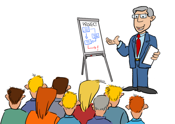 FuSi-Cartoon: Kleiner i-Q-Mitarbeiter - Chef vor Gruppe - © i-Q Schacht & Kollegen Qualitätskonstruktion GmbH